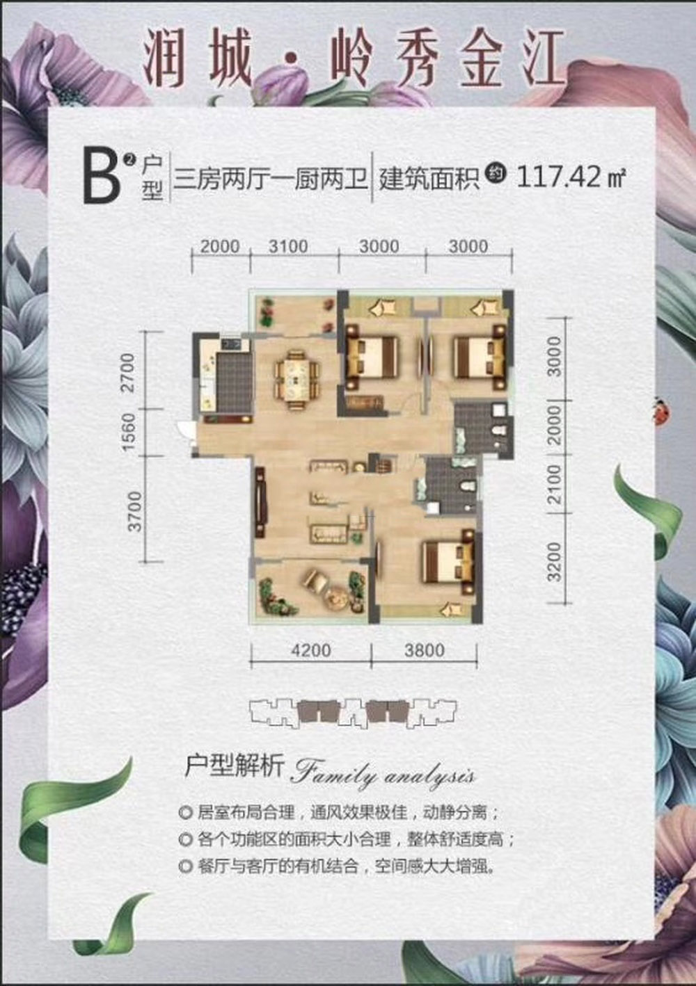 B戶型 3房2廳一廚2衛 建面117.42㎡